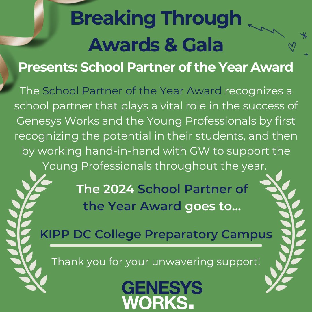 Congratulations to KIPP DC College Preparatory Academy Public Charter School on being our 2024 School Partner of the Year Award winner at our Breaking Through Awards &amp; Gala. To support career access for our Young Professionals: lnkd.in/eR8n4QVB