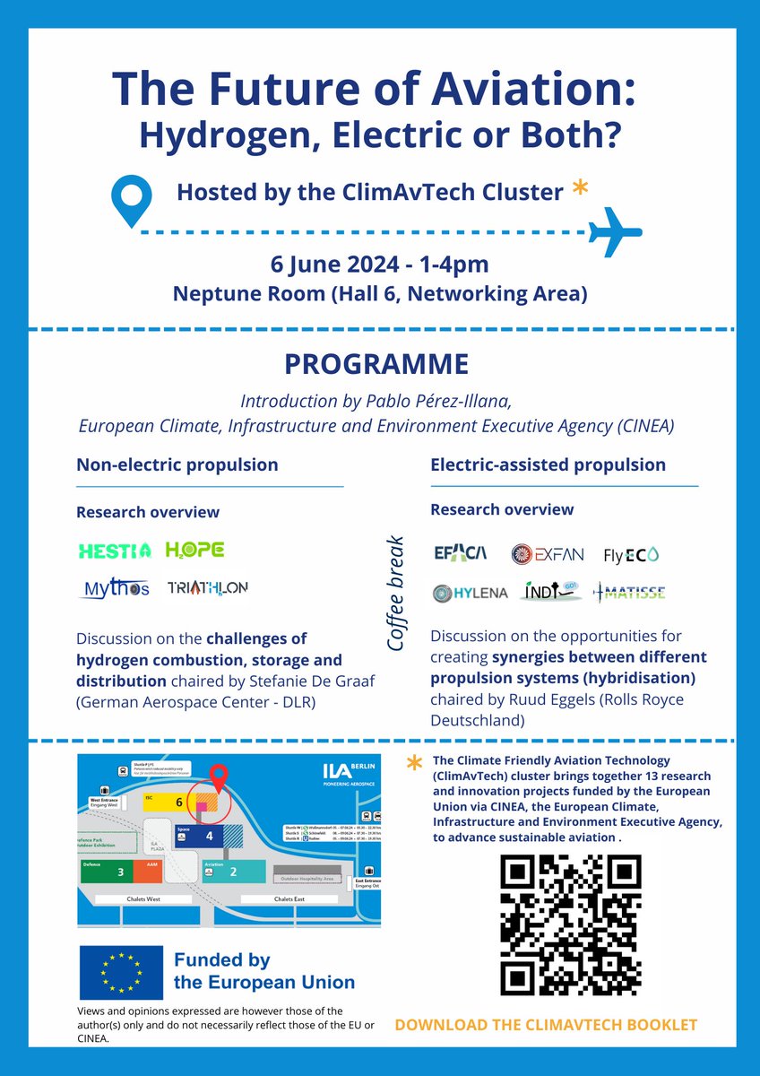 cinea_eu's tweet photo. 🌍 If at @ILA_Berlin, don't miss the "Future of Aviation: Hydrogen, Electric or Both" organised by #ClimAvTech cluster.
🚀It will feature insights of🔟#EU-funded R&I #HorizonEU #Transport #H2020transport projects, with an intro overview from #CINEA.
MORE 🔗https://t.co/gHqvRxyVCa https://t.co/hQ626ZZyaW