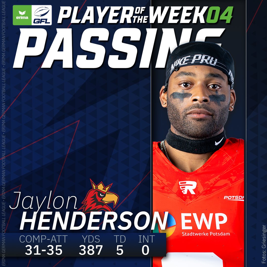 GFLinfo's tweet photo. Same procedure as every week? QB Jaylon Henderson von den @PotsdamRoyals hatte in der Endabrechnung mehr Touchdown-Pässe als Incompletions und ist wieder unser Passer der Woche!

#gfl #germanfootballeague #thisisgflfootball #americanfootball #sport https://t.co/LAlcB6F1kd