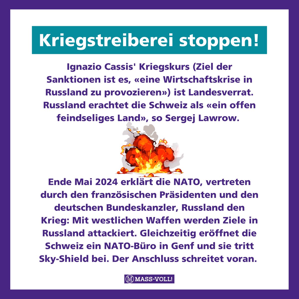 mass_voll's tweet photo. ✈️🇨🇭 Bomben auf Bern!

Heute landen und starten Schweizer Kampfjets wieder auf der Autobahn. Peter Merz, Chef der Luftwaffe, warnt vor einem Angriff auf Schweizer Militärflugplätze, deswegen sucht man nun Alternativen. Der Bundesrat genehmigte die Autobann-Sperrung.

😳 Versteht Ihr, was das bedeutet? 

⚠️ Zum Mitschreiben: 

Armeeführung und Landesregierung rechnen mit Angriffen auf die Schweiz! 

❗️ Die irre Kriegstreiberei der Altparteien stürzt uns in einen Krieg und gefährdet die Sicherheit aller Menschen in der Schweiz. Das ist Landesverrat! 

Es droht Krieg in der Heimat! Tote Schweizer Soldaten, vergewaltigte Frauen, brennende Städte, Hunger, Armut und Unterjochung. 

✋🏻 MASS-VOLL! fordert: 

✅ Sofortiger Rückzug aus sämtlichen Konflikten! 
✅ Absage Bürgenstock-Konferenz! 
✅ Rückkehr zur Neutralität! 

📰 Zur heutigen Medienmitteilung: https://t.co/HQDApNkyIW

✊🏻 Unterstütze unser Engagement mit einer Mitgliedschaft: https://t.co/3GCgv5aHnu

#alphauno #payerne