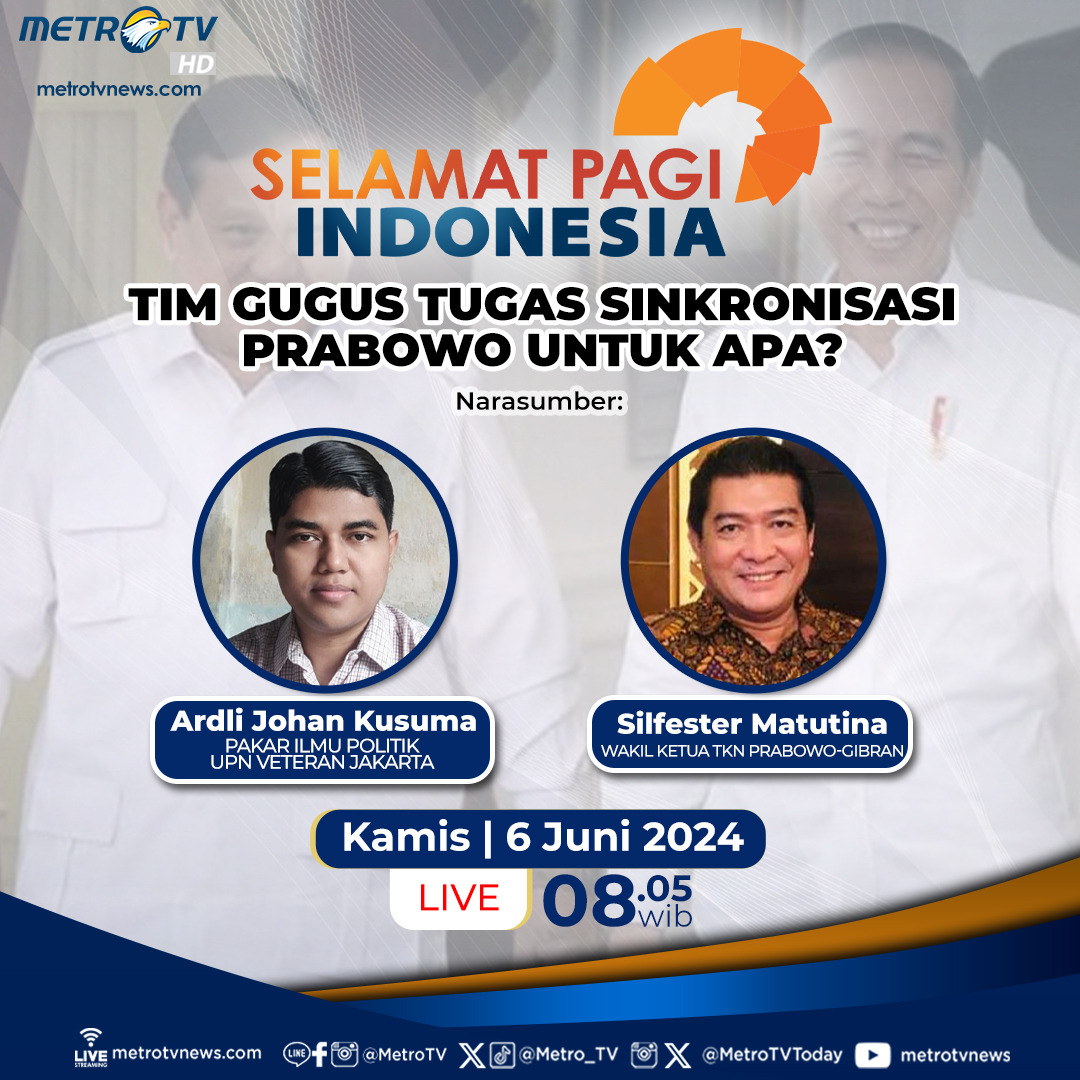 Metro_TV's tweet photo. Saksikan #SPIMETROTV "Tim Gugus Tugas Sinkronisasi Prabowo Untuk Apa?" hari Sabtu, 4 Mei 2024 pukul 08.05 WIB di #MetroTV bersama narasumber Pakar Ilmu Politik UPN Veteran Jakarta Ardli Johan Kusuma dan Wakil Ketua TKN Prabowo-Gibran Silfester Matutina

#gugustugas #sinkronisasi #prabowo #prabowogibran #tknprabowogibran