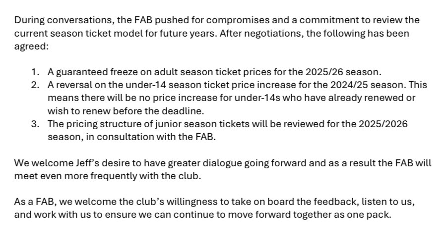 dsj_itv's tweet photo. BREAKING: Victory for Wolves fans after  talks between Jeff Shi and Fan Advisory Board. 

U-14 season ticket price hike REVERSED

Guaranteed FREEZE on adult season tickets for 2025/26. 

There are still huge increases but this still feels like a rare win for supporters 

#WWFC https://t.co/tdk0QvlYzy