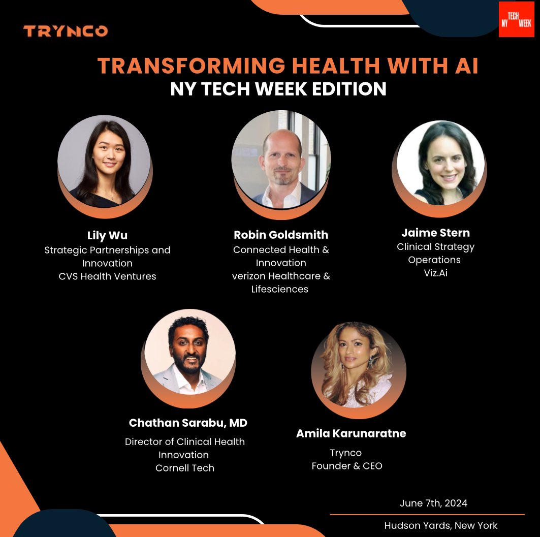 You are invited to join us for an exclusive NY Tech Week event in partnership with <a href="/Techweek_/">Tech Week</a> A16Z TECH WEEK on June 7th at Hudson Yards, NY

Transforming Healthcare with AI

🎟️ Tickets - eventbrite.com/e/trynco-at-ny…

PROMO CODE - AIGA25

#NYTECHWEEK #ai #healthcare #healthtech #hit