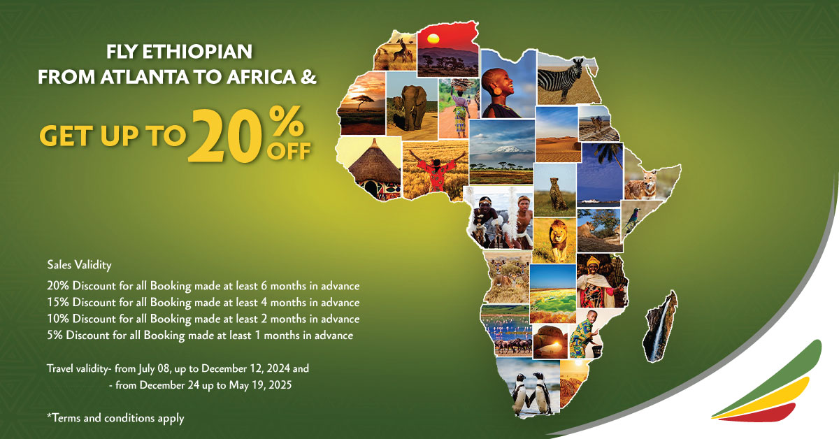 Fly Ethiopian from Atlanta to Africa and get up to 20% off! Book your trip now.
Travel validity-from July 08 up to December 12, 2024, and from December 24 up to May 19,2025.
#FlyEthiopian