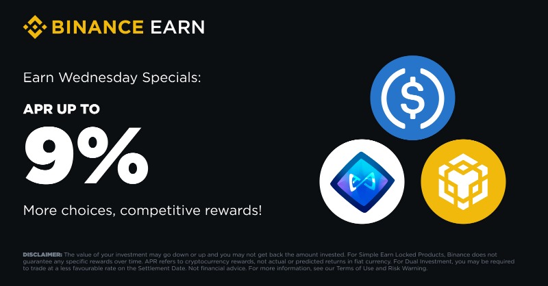 binance's tweet photo. It's Wednesday and you know what that means. 

Time to check out the latest limited-time offers on #Binance Earn.

Don't miss it 👇