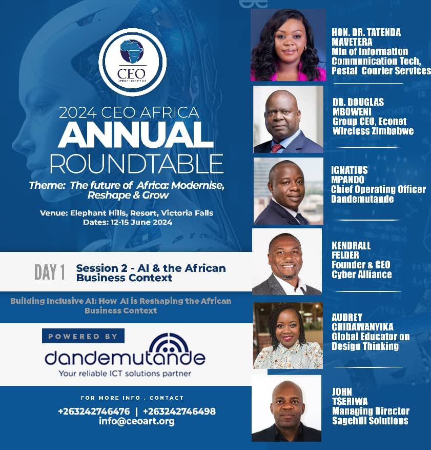 DandemutandeZW's tweet photo. Join our COO, Ignatius Mpando &amp; other industry titans at CEO Africa Annual Roundtable! From 12-15 June at at Elephant Hill Hotel. 

#CEOAfrica https://t.co/cL1IIGqdeN