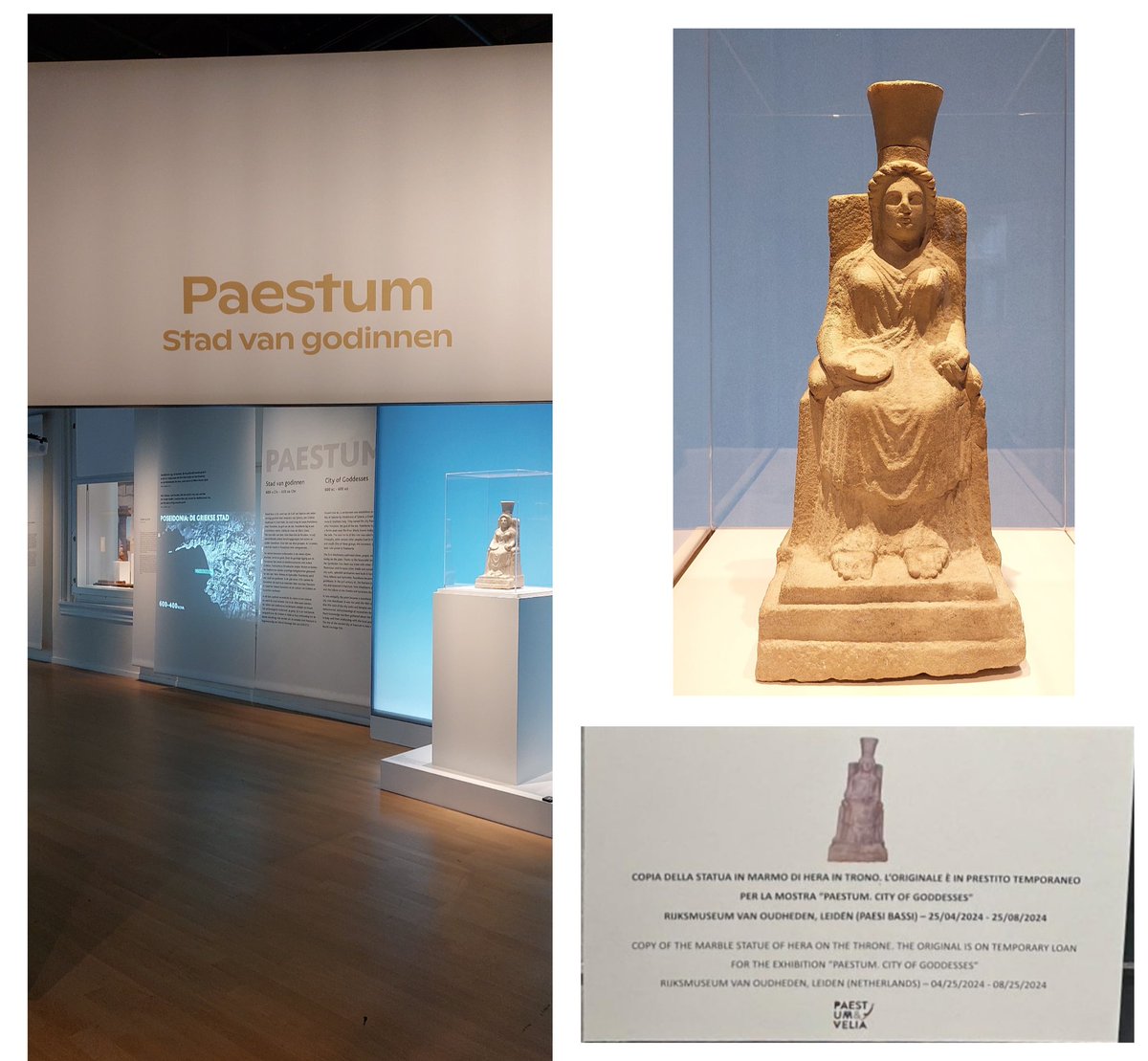 Paestum, stad van de godinnen in @RM_Oudheden in Leiden Hera met granaatappel, afkomstig uit het archeologisch museum in Paestum. Bij een kopie van het beeld in het museum in Paestum zag mijn vriendin @RozavanderVeer twee weken geleden een opmerkelijk bordje staan. 🤭