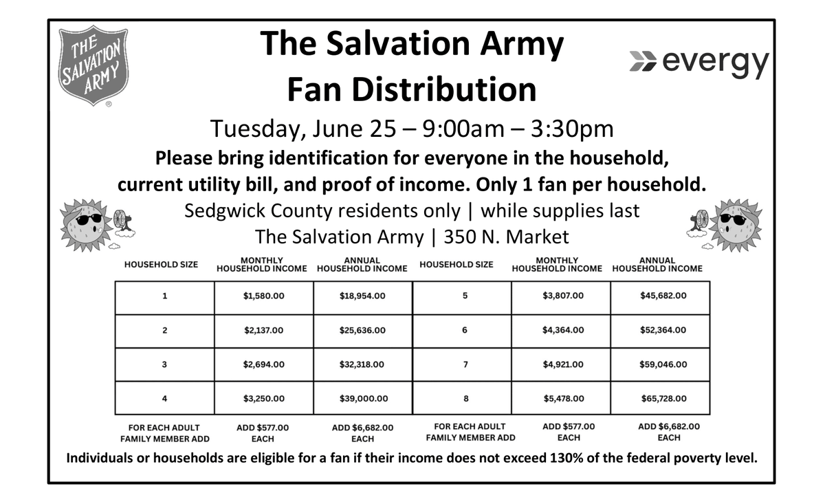 salvationarmyks's tweet photo. Heat Relief is coming! Spread the word about our fan distribution on June 25, at our Downtown Koch Center, 350 N Market, from 9:00am to 3:30pm. The Salvation Army partners again this season with Evergy to help our neighbors with rising temperatures.
#FanDrive https://t.co/hoGKFgmldy