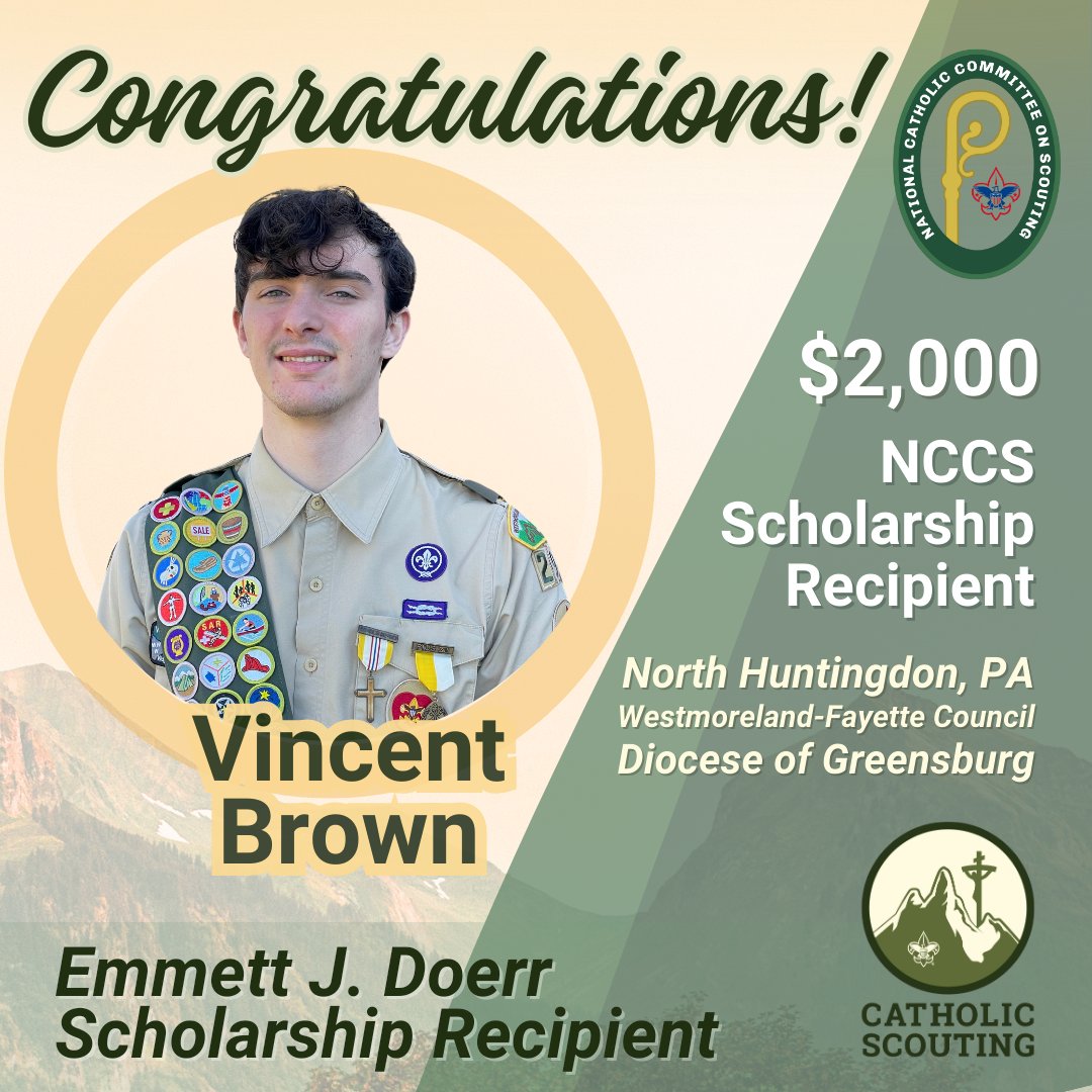 CathScoutBSA's tweet image. A Catholic Scout from St. Agnes Catholic Church in the Diocese of Greensburg who's a member of BSA Troop 293 in the Westmoreland-Fayette Council wins $2,000 college scholarship. Congratulations Vincent! bit.ly/4endujZ #CatholicScouting @catholicaccent