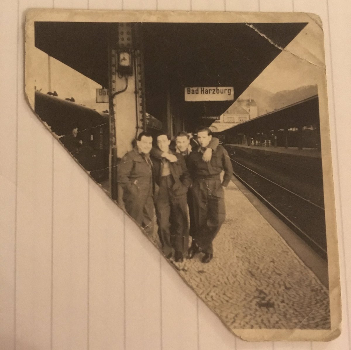 My dad sat with his hands crossed and stood up middle in the last pics #BadHarzburg Germany.
His 19th birthday was on 6th June 1944,he made it to the #landingbeaches on day 3 
He carried these in his wallet all his life
Thinking of him today ✨ #dday #dday80