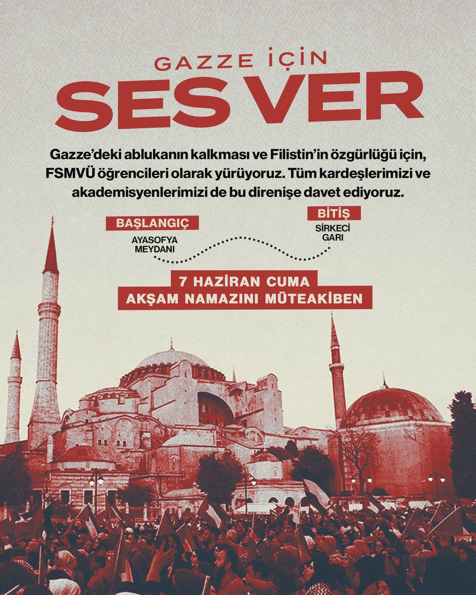 Refah’taki insanlık dışı soykırımın durdurulması ve izzetli Filistin halkının direnişine destek olmak için FSMVÜ öğrencilerini, akademisyenlerimizi ve dahi tüm kardeşlerimizi bu direnişe davet ediyoruz. 🇵🇸🇹🇷