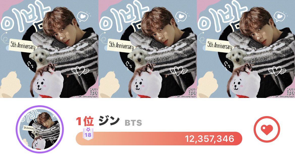 KSJvoteJAPAN's tweet photo. 🎊最愛ドル🗳️

「이밤」5周年🌃
第1位おめでとうございます🥳🥇
投票された皆様お疲れ様でした❤️

CONGRATULATIONS JIN
RETURN OF GAME LORD JIN
#5YearsWithTonight
#석진이와함께_행복한_이밤5주
#WaitingForTheAstronaut https://t.co/p2Z9JKtGYw
