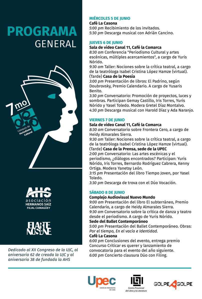 ahs_camaguey's tweet photo. 📣 ¡Es Hoy! Este miércoles comienza el VII Coloquio Nacional de Periodismo Cultural y pasamos por acá con lo que estará sucediendo durante el evento para que no te pierdas ningún detalle.

🤗 Te esperamos. https://t.co/DhKSvqBZpf