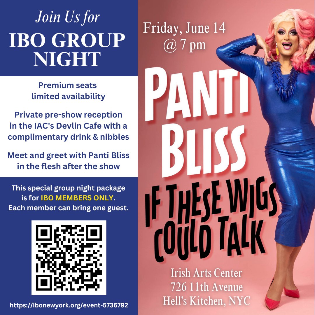 IrishBusinessNY's tweet photo. IBO Group Night at the @IrishArtsCenter's "Panti Bliss: If These Wigs Could Talk" on June 14! IBO Members (+ 1 guest) can join us for this exclusive package: premium seats, private pre-show reception, and meet & greet with Panti Bliss! RSVP https://t.co/Yg8fMgiv1b https://t.co/G6N3C5Suzg