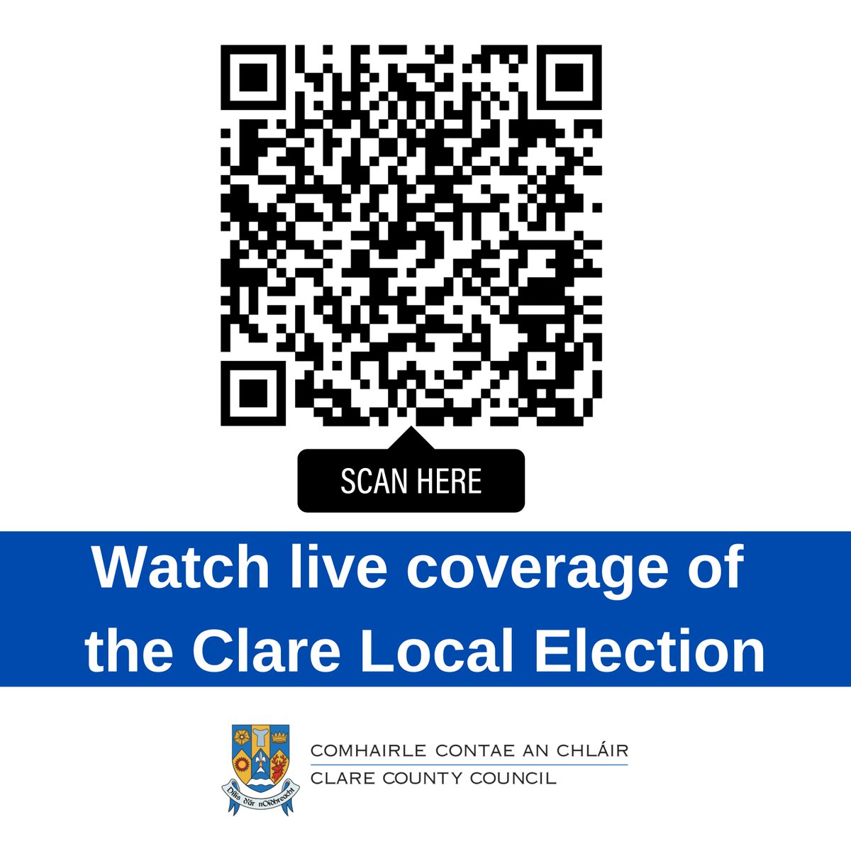 Clare Election Count to be broadcast live online

Coverage begins at 1.00pm this Saturday and will continue until the last of the 28 seats on Clare County Council is filled.

See Clare County Council on YouTube (youtube.com/@clarecountyco…) or scan the code below.