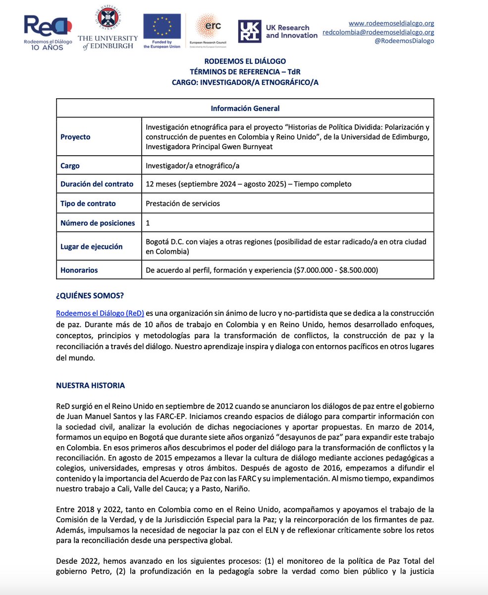 GwenBurnyeat's tweet image. Convocatoria: investigador/a etnográfico/a basado/a en Colombia para un trabajo de 12 meses con @RodeemosDialogo para mi proyecto de investigación "Historias de Política Dividida". Toda la info y cómo aplicar adjunto. No se considerarán aplicaciones que no cumplen con requisitos.