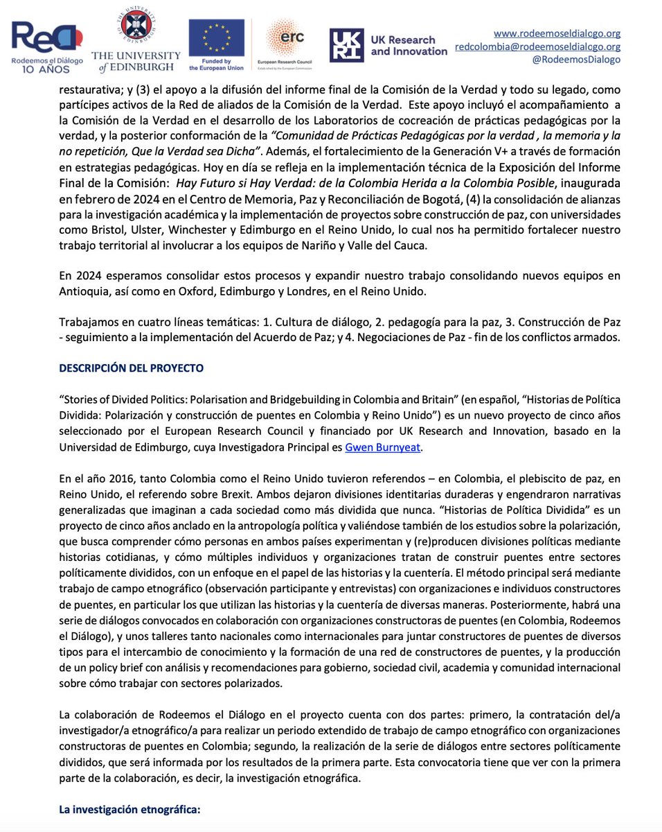 GwenBurnyeat's tweet image. Convocatoria: investigador/a etnográfico/a basado/a en Colombia para un trabajo de 12 meses con @RodeemosDialogo para mi proyecto de investigación "Historias de Política Dividida". Toda la info y cómo aplicar adjunto. No se considerarán aplicaciones que no cumplen con requisitos.