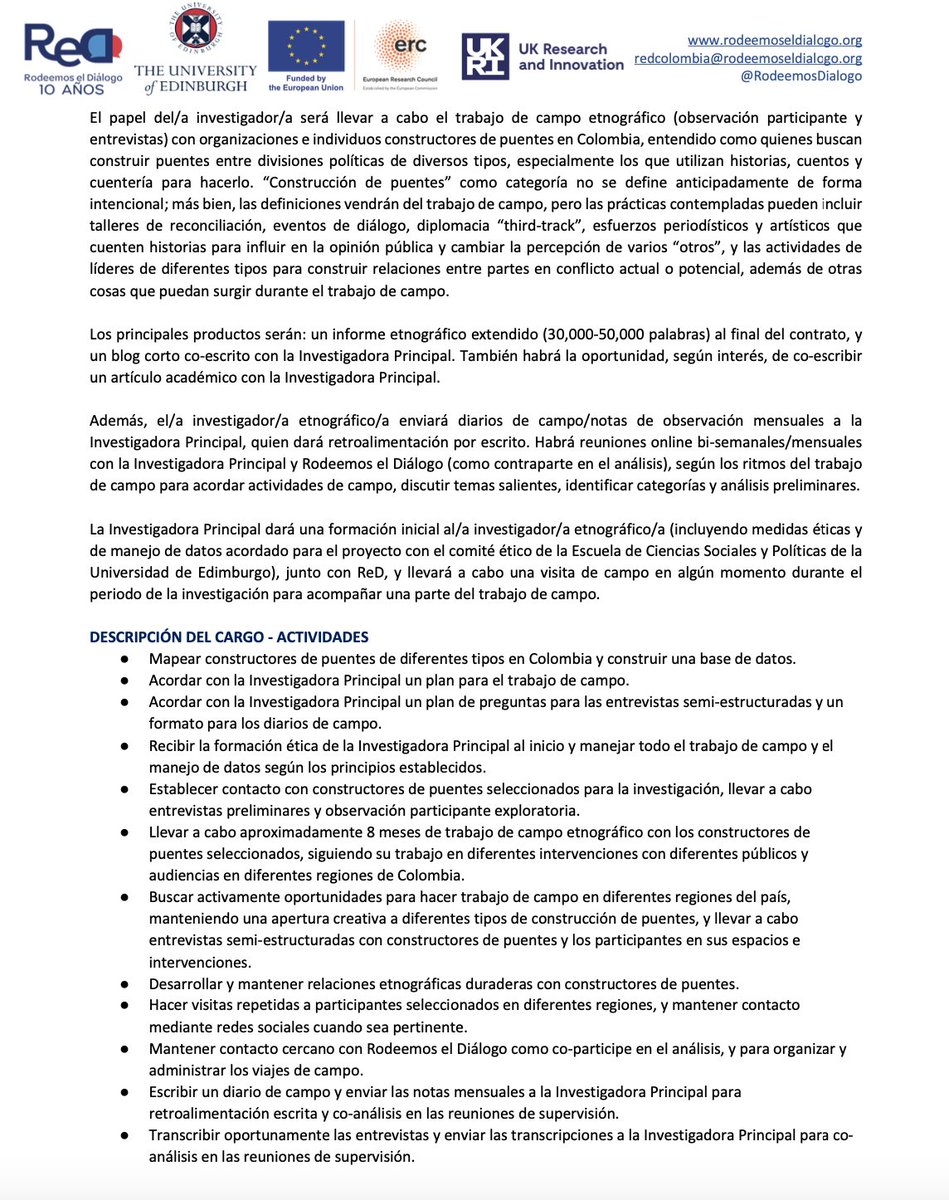 GwenBurnyeat's tweet image. Convocatoria: investigador/a etnográfico/a basado/a en Colombia para un trabajo de 12 meses con @RodeemosDialogo para mi proyecto de investigación "Historias de Política Dividida". Toda la info y cómo aplicar adjunto. No se considerarán aplicaciones que no cumplen con requisitos.