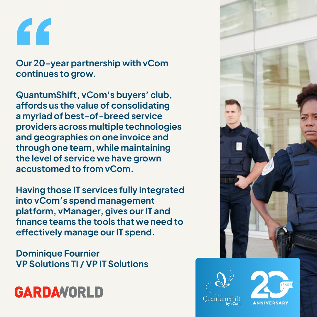 vComSolutions's tweet image. 20 years ago, vCom bought QuantumShift with the goal to create a streamlined IT buying experience. Today, more than 90% of vCom customers, including GardaWorld, are leveraging #QuantumShift to deliver value back to their organization. Read their story: hubs.ly/Q02zn5430