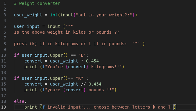 I Recently Started  Python this month  (June)

I just discovered it's Relevance in Cyber Security 

This is the source code for My First Project
A weight converter that converts pounds to kilograms and vice versa
.......
I'm Already feeling like a developer 😂