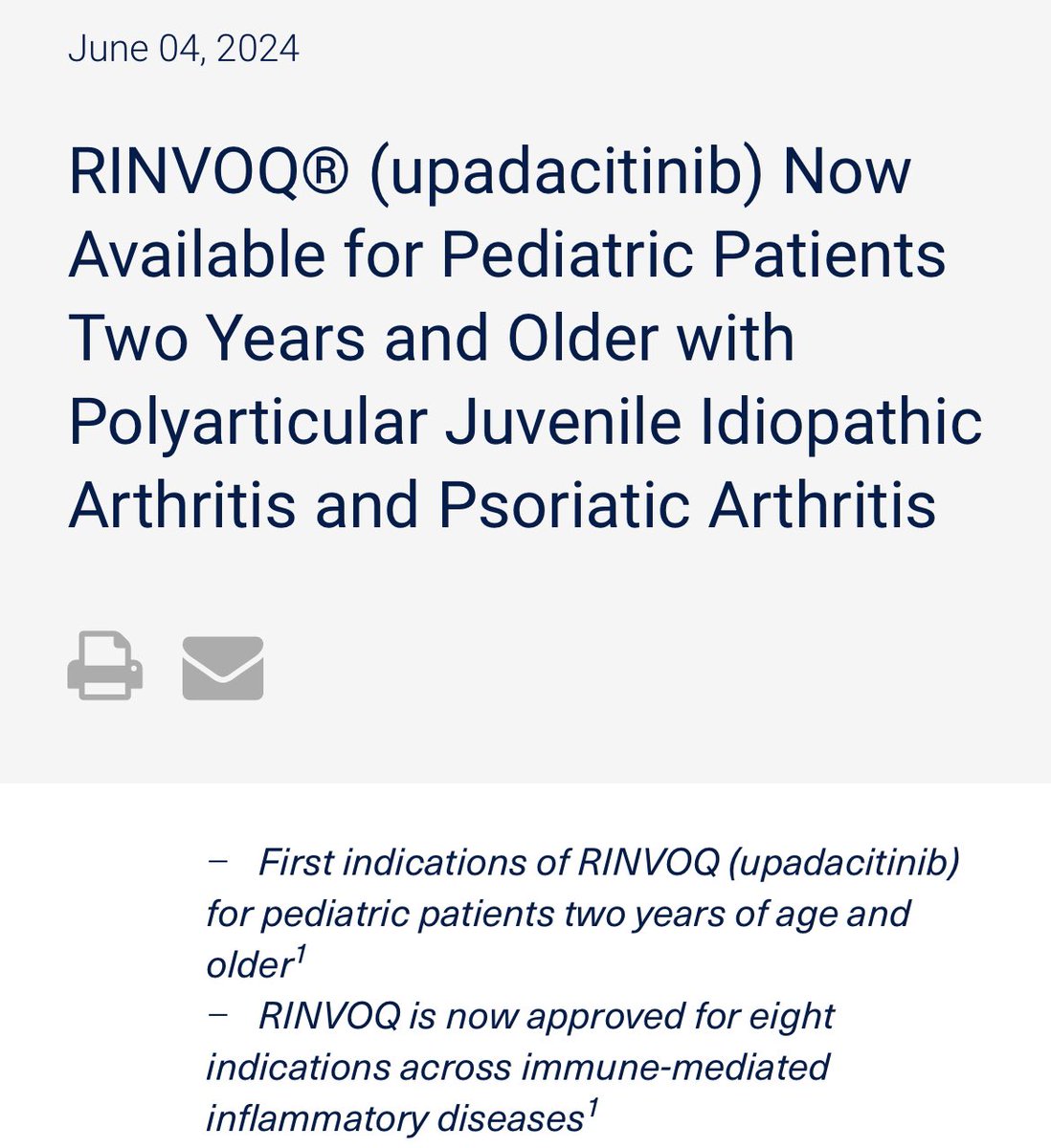 Upadacitinib gained a few more approvals including pediatric (2yrs+) approval for Rinvoq LQ 1mg/mL liquid for pJIA and PsA. No new safety signals! Exciting  news for our pediatric patients!  
💊  #IBDPharm #PedsIBD