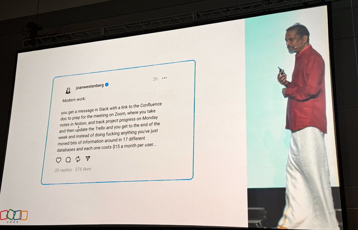 EvanKirstel's tweet image. Modern work summarized: bouncing between Slack, Confluence, Zoom, Notion, Trello, and 17 databases, each costing $15/month. At this rate, my productivity is as fragmented as my SaaS subscriptions! 😂 #ModernWorkProblems #SaaSOverload #Zoholics24 #futureofwork #ccwvegas