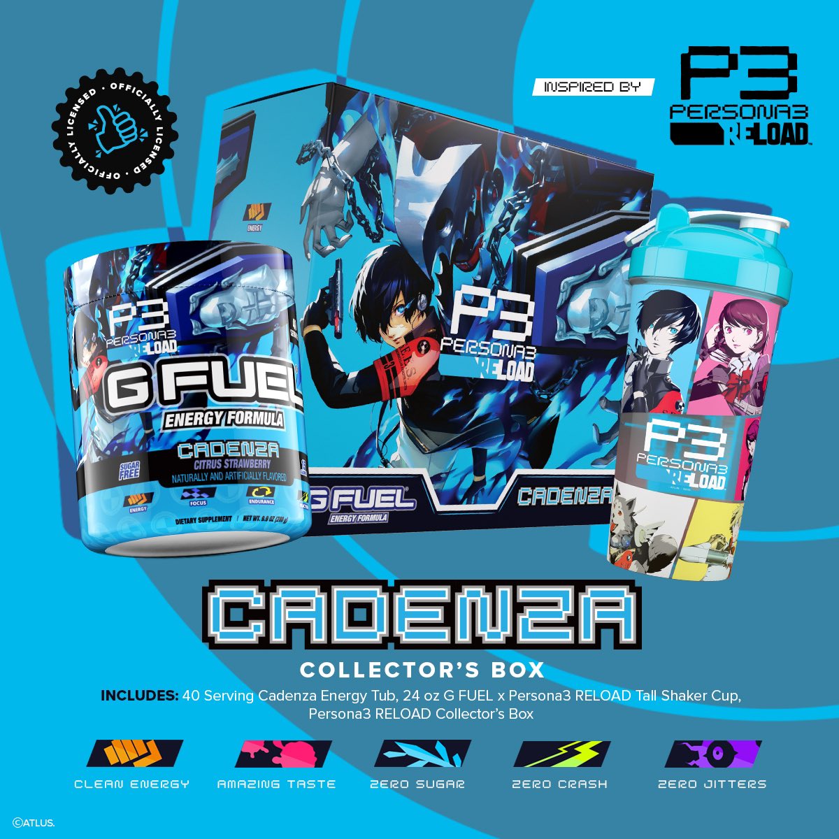 GFuelEnergy's tweet image. 🗣️ VICTORY AWAITS! The #P3R x #GFUEL "𝘾𝘼𝘿𝙀𝙉𝙕𝘼" Collection is now BACK IN STOCK! Secure yours today, make it through the Dark Hour and see dawn! @Atlus_West 🌕

💙 𝙍𝙏 + 𝙁𝙊𝙇𝙇𝙊𝙒 to win a Tub! 2 Winners picked on Friday!

🛒 𝙎𝙃𝙊𝙋 : GFUEL.ly/cadenza-collec…