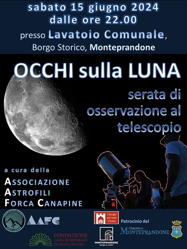 Eventi e manifestazioni culturali: sabato 15 giugno, presso il Lavatoio Comunale di Monteprandone, si terrà l'appuntamento "Occhi sulla luna", serata di osservazione al telescopio.

#FondazioneCarisap #OcchiSullaLuna