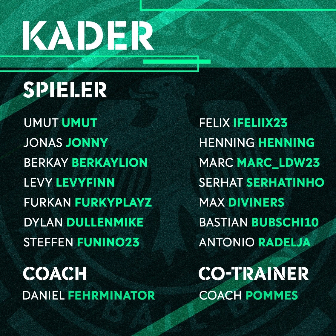DFB_eSports's tweet image. Unser Kader 🇩🇪

Unser Trainer @rblz_daniel hat für den Lehrgang der eNationalmannschaft im Juni folgenden Kader berufen! 💥