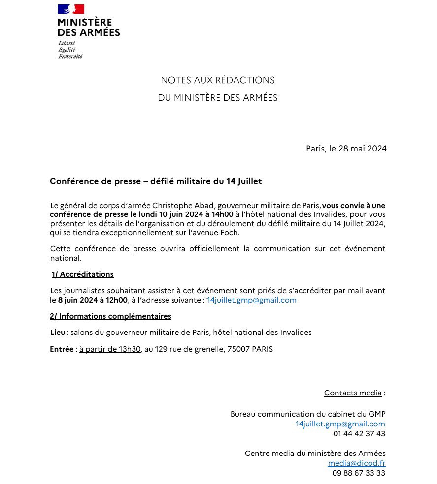 Gouv_mili_Paris's tweet image. Lundi 10 juin à 14h : conférence de presse sur le défilé militaire du 14 juillet 2024.

Modalités d’accès et d’accréditation dans la note aux rédactions jointe.

#fildéfense