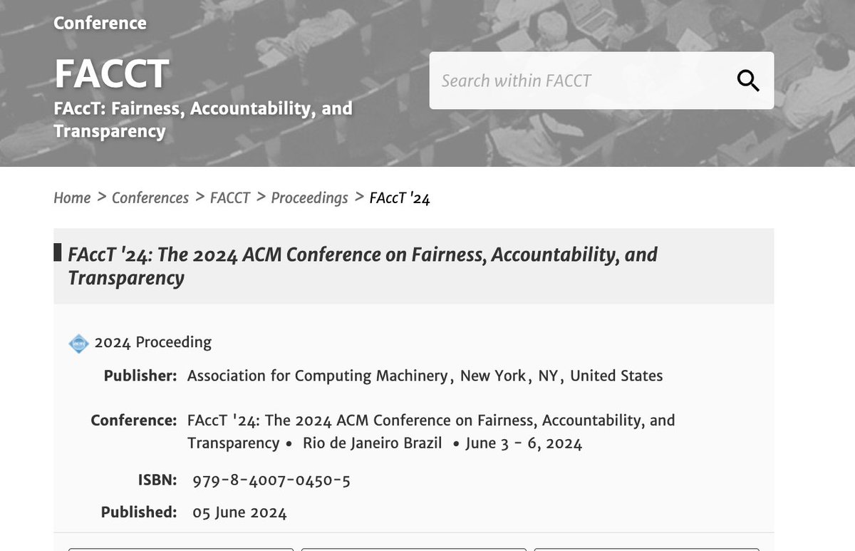 FAccTConference's tweet photo. The #FAccT24 Proceedings are now online in the @TheOfficialACM Digital Library https://t.co/NauGh1DW1Y! Paper DOIs are currently being minted by the DOI elves and will resolve in the next few days. https://t.co/l6e3Xatpwv