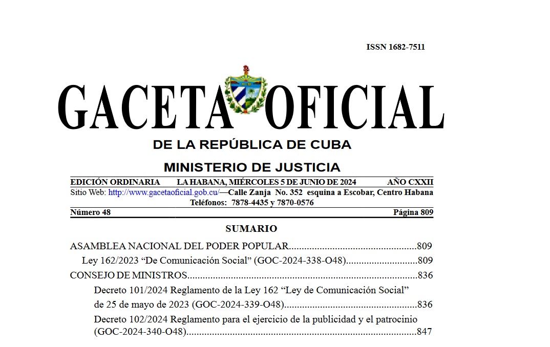 #Cuba🇨🇺 | La Gaceta Oficial de la República publicó hoy la Ley 162/2023 “De Comunicación Social” y sus dos Reglamentos

Puede consultar el texto también en el sitio web de la <a href="/AsambleaCuba/">Asamblea Nacional Cuba</a>: parlamentocubano.gob.cu/sites/default/…