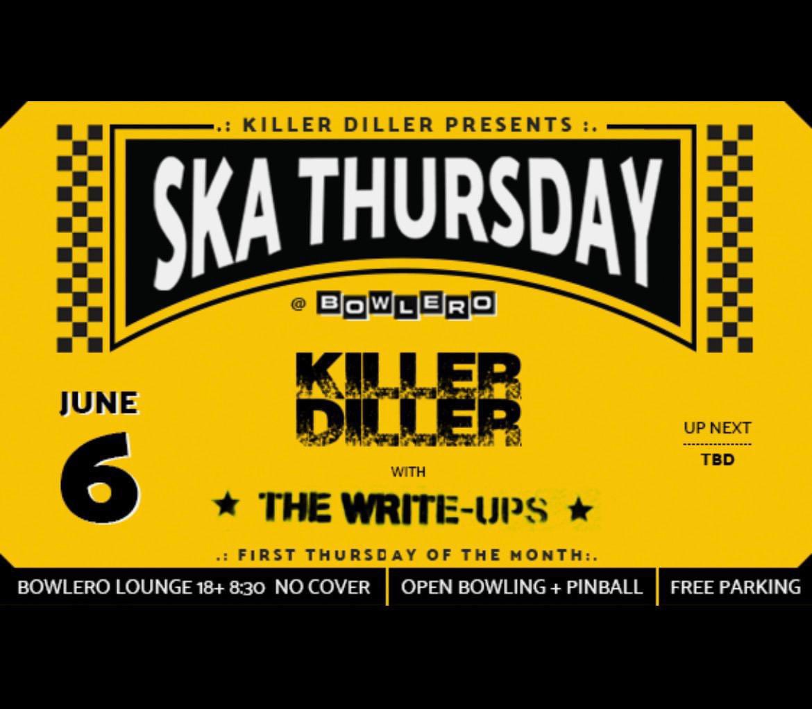 TheWriteUpsBand's tweet photo. Our last show until Fall is TOMORROW at @BowleroDetroit with #KillerDiller! We play at 8:30. Come do the #ska! https://t.co/ewxRMvYuyj