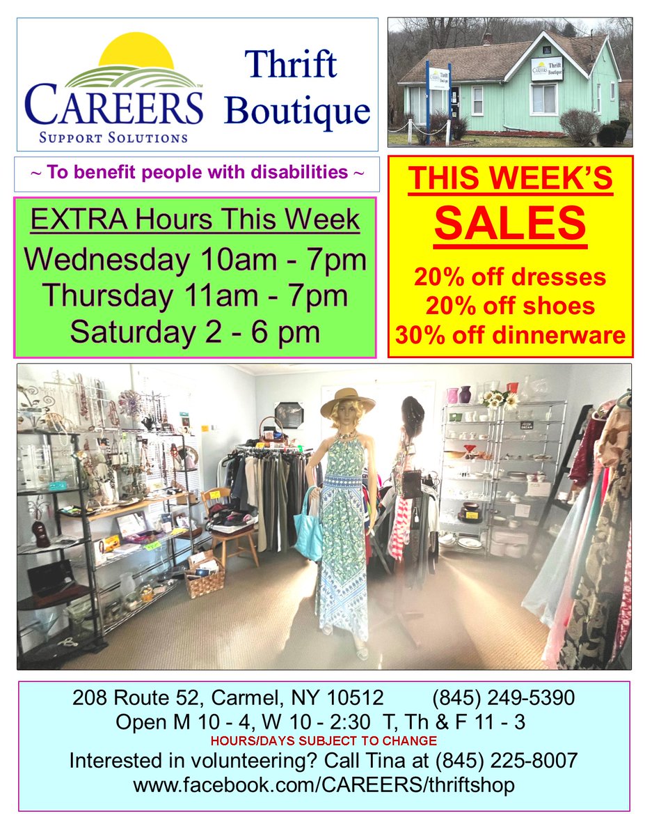 Maximum daylight hours are almost upon us and June is a great month to be out late so- shop til you drop while supporting people with disabilities.  The CAREERS Thrift Boutique has extended hours- Wed and Thurs until 7pm and Saturday from 2 - 6 so enjoy a little retail therapy!