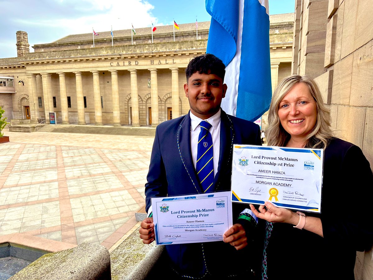 morganacademy1's tweet photo. Congratulations to our school vice-captain Ameer Hamza who today was awarded the Lord Provost McManus Citizenship Award 2024. 👏🦌#dundeelearning @LordProvostDCC https://t.co/UNU4kYqrAb