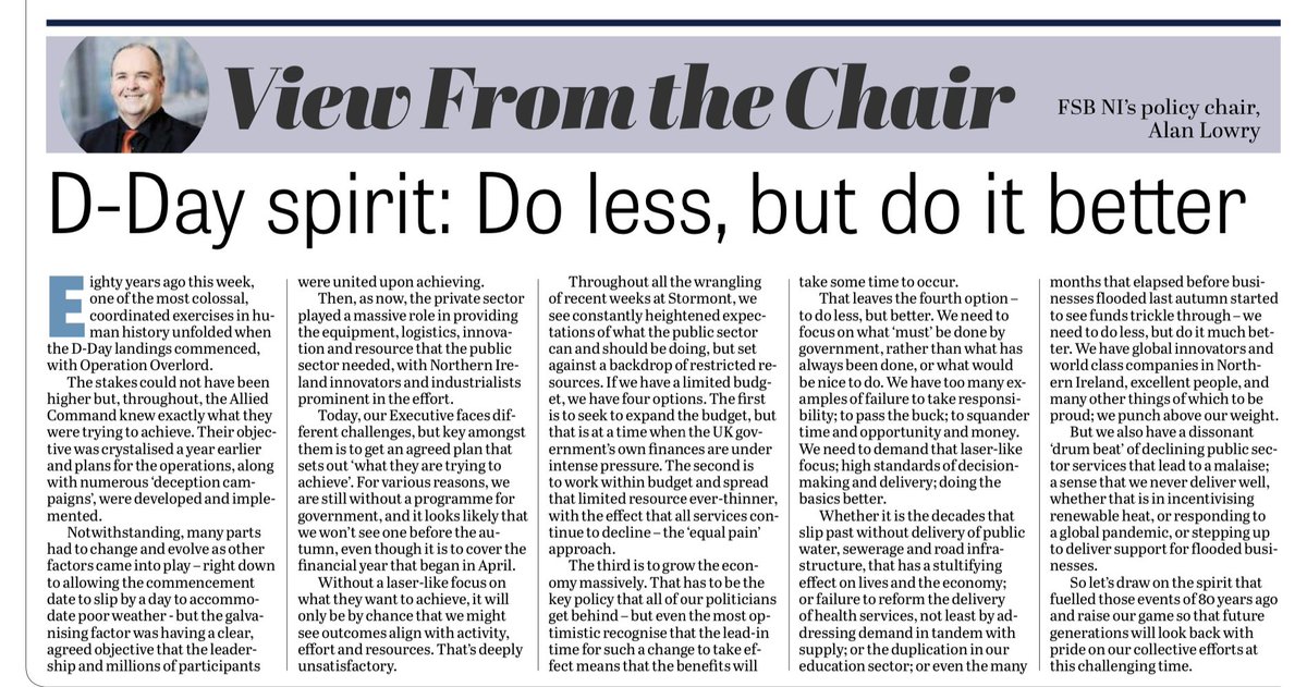 FSB_NI's tweet photo. ✍️Alan Lowry @FSB_NI Policy Chair writes in this week’s @News_Letter 👇

Eighty years ago this week, one of the most colossal, coordinated exercises in human history unfolded when the D-Day landings commenced, as the start of Operation Overlord.

The galvanising factor was having a clear, agreed objective that the leadership and millions of participants were united upon achieving.

Let’s draw on the spirit that fuelled those events of 80 years ago and raise our game.

Read more here👇
https://t.co/S1eMdX5NA8