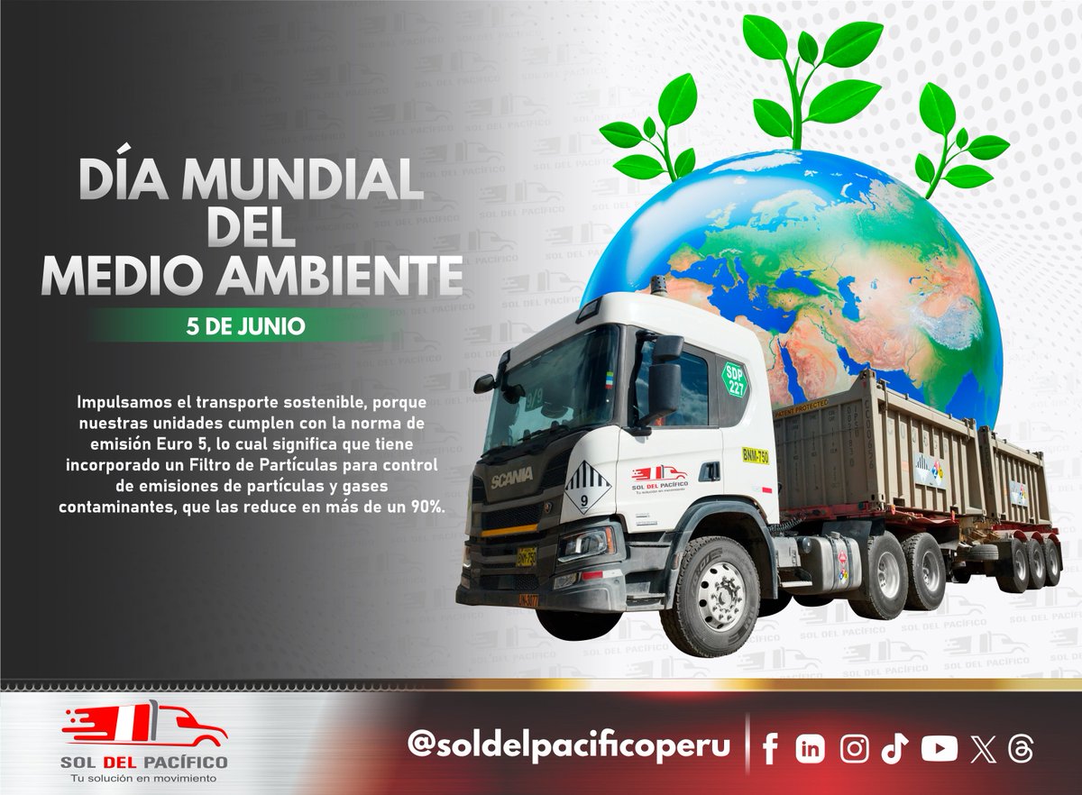 SDP_Peru's tweet photo. 🇵🇪 Día Mundial del Medio Ambiente en SDP 🇵🇪
🌍Impulsamos el transporte sostenible, porque nuestras unidades cumplen con la norma de emisión Euro 5, lo cual significa un control de emisiones de partículas y gases contaminantes, que las reduce en más de un 90%. 
#SDP https://t.co/FF73DiYn8J