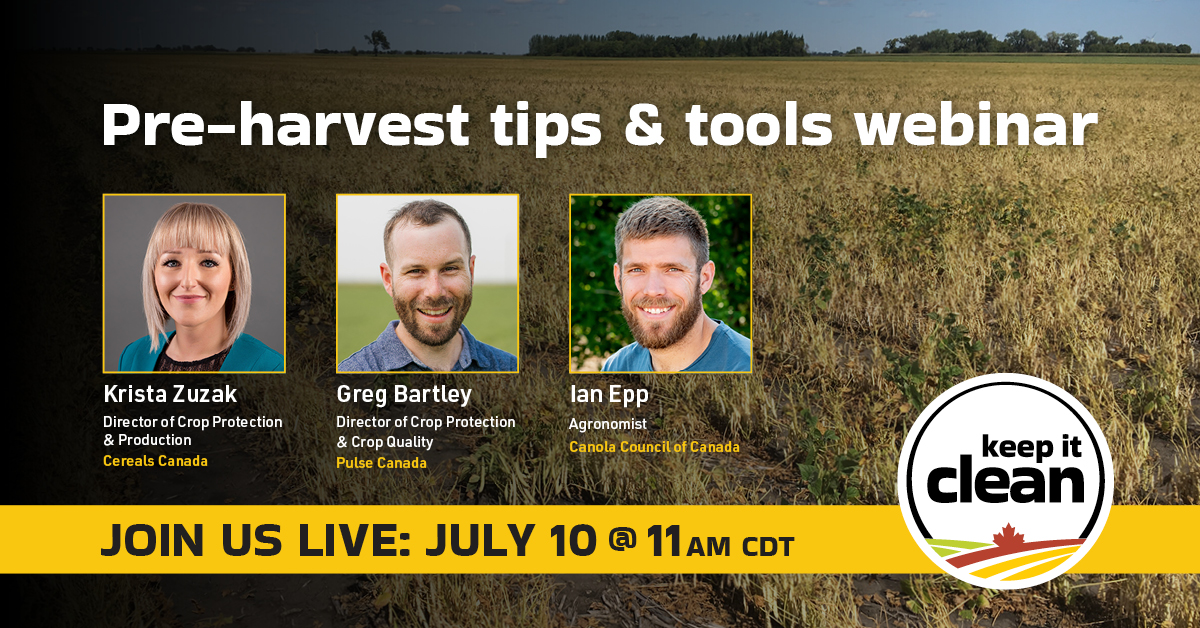 KICCanada's tweet photo. Register now for the Keep it Clean 2024 pre-harvest tips and tools webinar on July 10. Learn about this year’s product advisory before applying any crop protection products and help keep markets open for all. Register today at 👉https://t.co/lSvDao0Cxe

#CdnAg #SustainableCdnAg https://t.co/MhuH9AWA2N