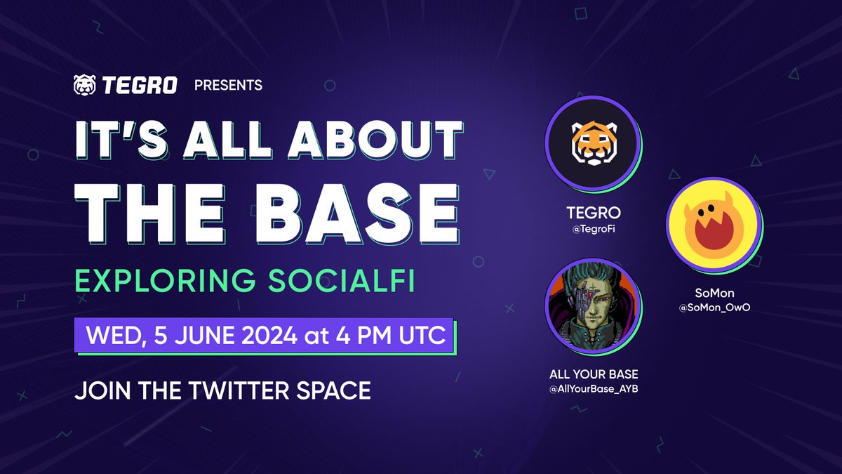 Exploring SocialFi x <a href="/base/">Base</a> today with @TegroFi, <a href="/SoMon_OwO/">SoMon</a>, &amp; <a href="/BuddhaSource/">Siddharth Menon | Tegro</a> 

Don't miss it! Set reminder for the space below 👇

🔵