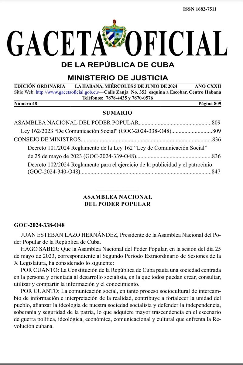 alfonso_noya's tweet photo. La Ley 162/2023 "De Comunicación Social", publicada hoy en @gaceta_de, reconoce que la comunicación social contribuye a fortalecer la unidad del pueblo, afianzar la ideología de nuestra sociedad socialista y defender la independencia, soberanía y seguridad de la patria. #Cuba🇨🇺 https://t.co/M3cSzq9GdX
