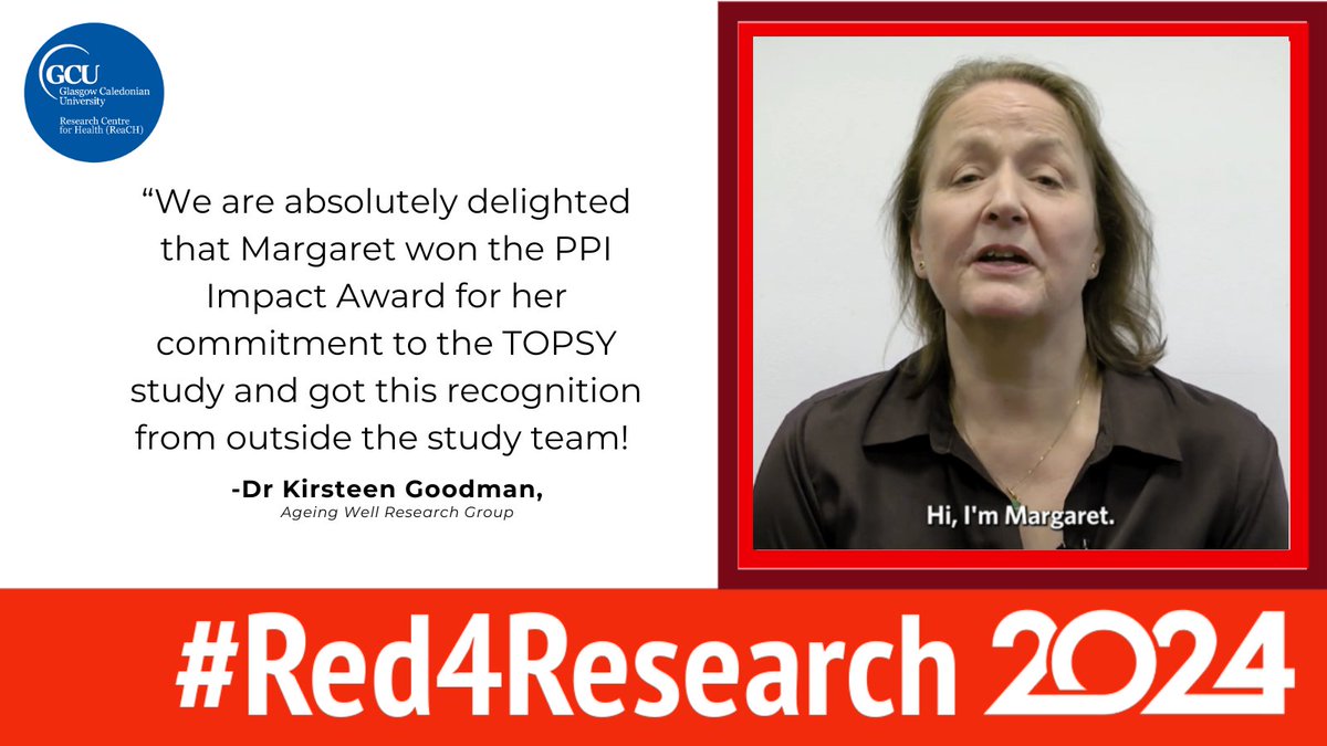 GCU Research Centre for Health (ReaCH) (@gcureach) on Twitter photo On #Red4Reserach Day we want to say a huge thank you to all our PPI representatives that make our research better! Read how Margaret richly deserved the PPI IMPACT award for her amazing work on the TOPSY study.
📲bit.ly/4aJIg3r
<a href="/KirsteenGoodman/">Kirsteen Goodman</a> <a href="/CarolBugge/">Carol Bugge</a> <a href="/suzhagen/">Suzanne Hagen</a> On #Red4Reserach Day we want to say a huge thank you to all our PPI representatives that make our research better! Read how Margaret richly deserved the PPI IMPACT award for her amazing work on the TOPSY study.
📲bit.ly/4aJIg3r
<a href="/KirsteenGoodman/">Kirsteen Goodman</a> <a href="/CarolBugge/">Carol Bugge</a> <a href="/suzhagen/">Suzanne Hagen</a>