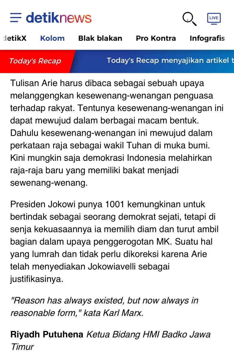 riyadhputuhena's tweet photo. November 2023, saya menulis di Kolom Detik. Sy yakin bhw @arieputrabn adlh justifikator ulung. 
Setelah menjustifikasi langkah politik Jokowi merestui anak kandungnya sbg cawapres melawan PDIP dgn “Jokowiavelli”, kini politik dinasti ia justifikasi dgn so called human rights 😂 https://t.co/gNzqdVymrN