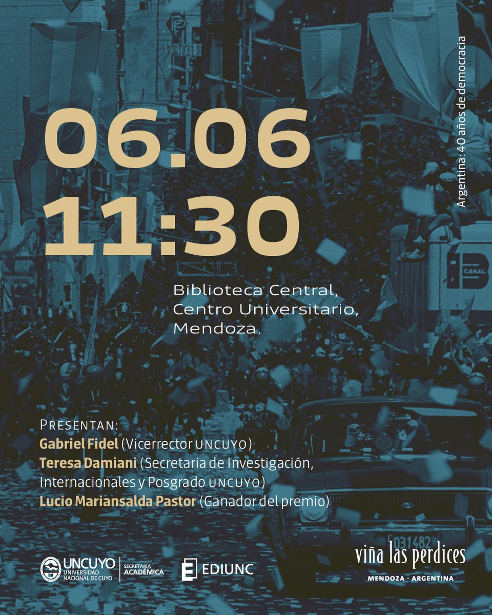 siduncuyo's tweet photo. 📅 Jueves 6 de junio
📖 Presentación del libro: "Argentina: 40 años en democracia". En la Biblioteca Central. 11.30 hs.

En vivo por el canal de YouTube de Bibliotecas UNCUYO
📺 https://t.co/r79wETCMZd

@academicauncuyo @ediunc_uncuyo @uncuyo @SIIP_UNCUYO https://t.co/GhIJ8nAxK9