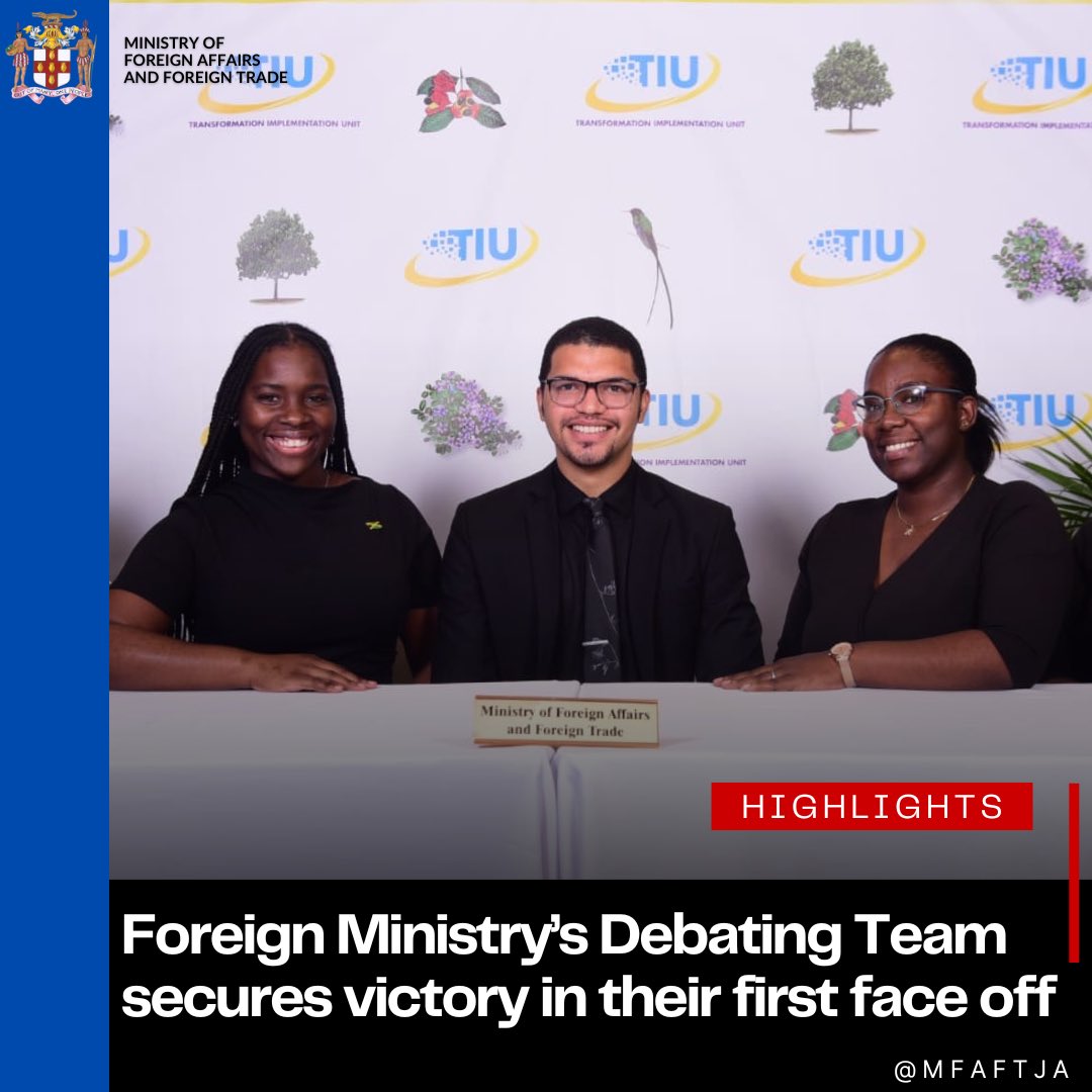 mfaftja's tweet photo. The Ministry of Foreign Affairs and Foreign Trade has triumphed in its first round of the 2024 Public Sector Debate Competition, which was officially launched on May 15.
In a riveting face-off with the Real Estate Board, our team skilfully debated the moot: “Be it resolved that Jamaica should have regional municipal corporations instead of the current system.”
We are also thrilled to announce that Mr. Brandon Crooks was honoured as ‘Best Speaker’ at the end of the round.
Join us in congratulating our talented team by liking and sharing this post!
#StayTuned #PublicSectorDebate #TeamMFAFT #DebateCompetition