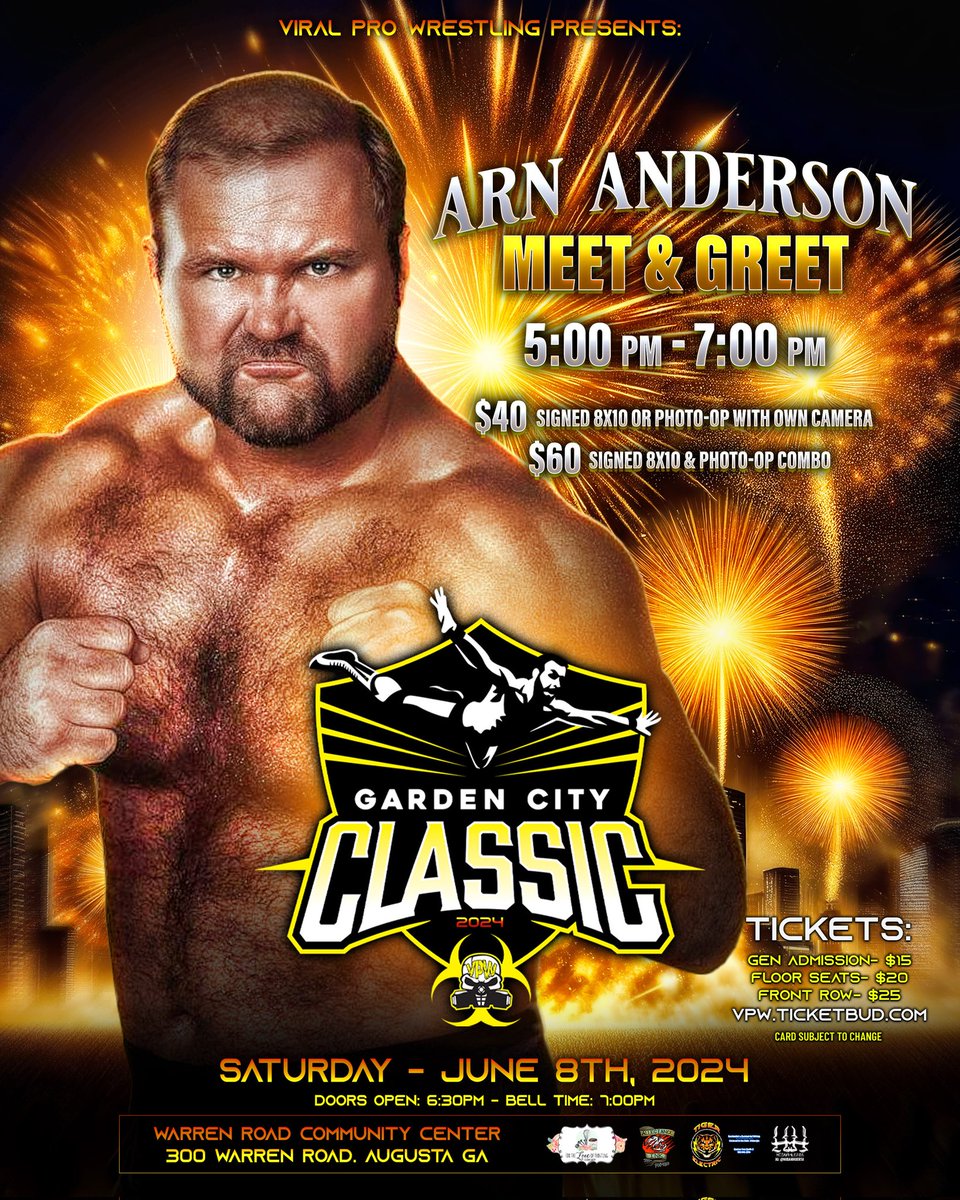 Prepare for a thrilling experience as The Garden City Classic makes its way back to Augusta, Georgia on June 8th, showcasing the ultimate in Viral Pro Wrestling entertainment! Get your tickets now for this huge event!

Get Tickets: vpw.ticketbud.com/garden-city-cl…