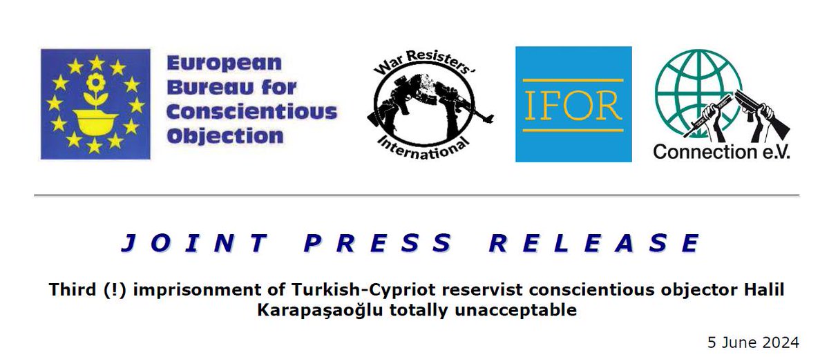 ebcobeoc's tweet photo. EBCO, @warresistersint , International Fellowship of Reconciliation  and Connection e.V. strongly condemn the third (!) imprisonment of Turkish-Cypriot reservist conscientious objector Halil Karapaşaoğlu!

More info👇
https://t.co/FbbOfI5gU1

@kibrsvicdaniret 
@HalilKarapasao1 https://t.co/qEVrOn2J1Q