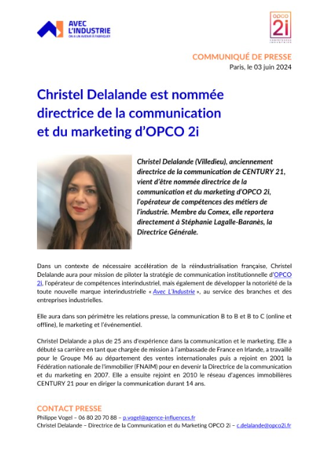 [𝗜𝗡𝗙𝗢] Nous avons le plaisir d'annoncer la nomination de Christel Delalande au poste de Directrice communication et du marketing. Elle a pour mission le pilotage de la stratégie de communication institutionnelle d’@opco2i, et le développement de la marque « <a href="/aveclindustrie/">Avec l'industrie</a> ».