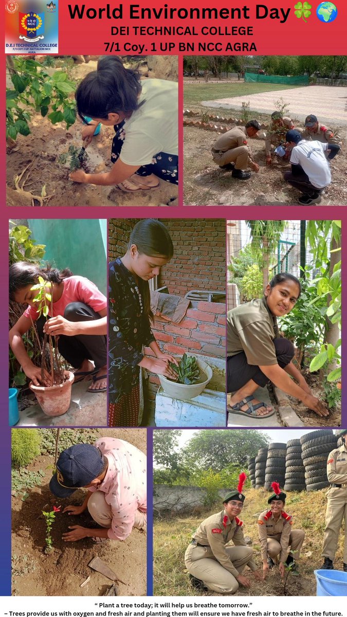 NccDei's tweet photo. NCC cadets of DEI Beat the heat and took part in the drive organised on the World Environment. Day, 2024 and planted saplings and trees to protect mother earth and environment  63 cadets along with their ANO planted saplings/trees in their respected residential areas. https://t.co/6naAVogs2L