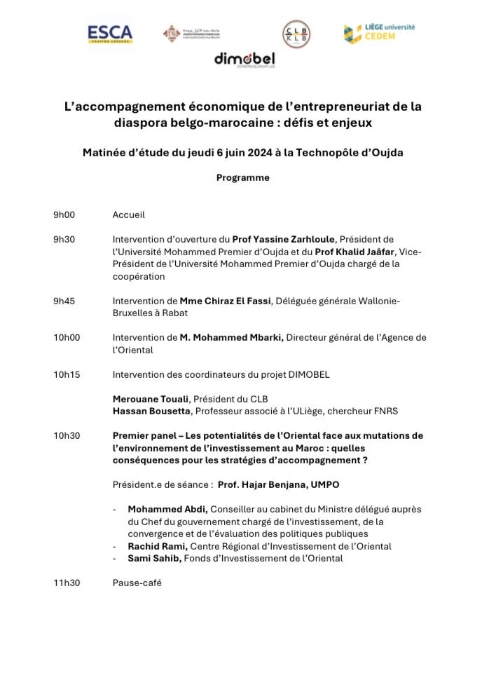 clb_klb's tweet photo. 4ème activité du projet @DIMOBEL_60 porté par le #CLB @Cedem_ULiege @ESCA_EM &amp; l'université d'Oujda ! Nous serons demain à #Oujda pour une journée d’étude belgo-marocaine consacrée à l’accompagnement économique des entrepreneurs de la diaspora de l’Oriental 🇲🇦
#entrepreunariat https://t.co/kQcmqDLCbo