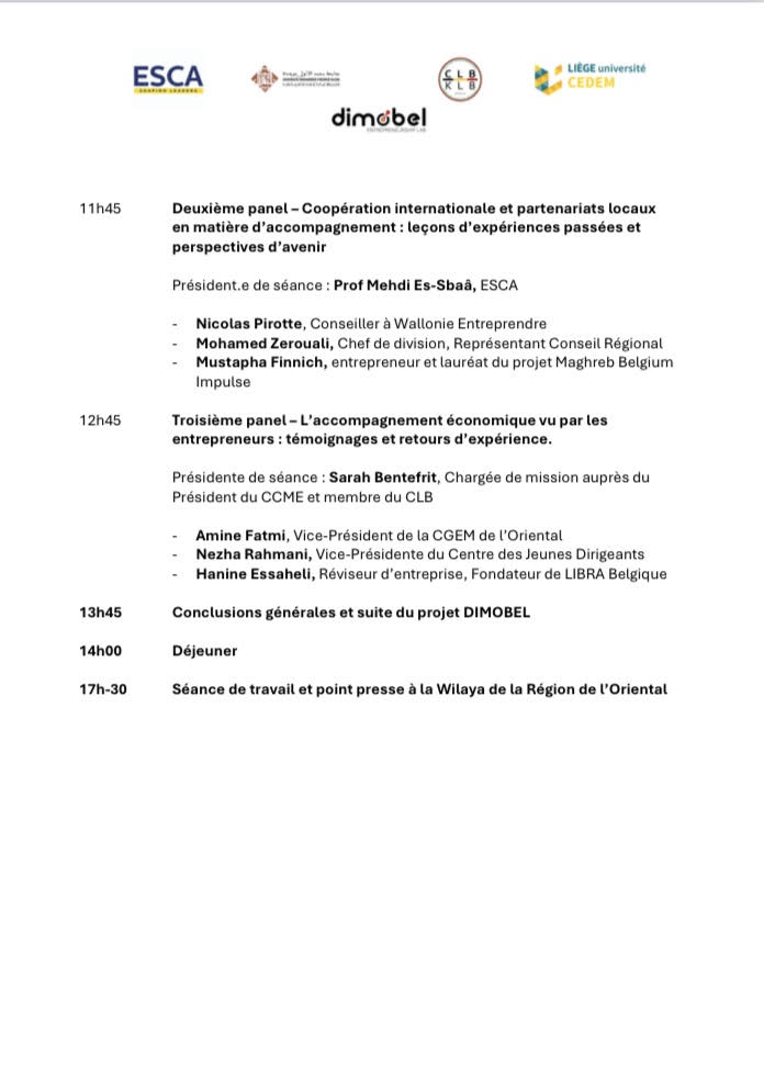 clb_klb's tweet photo. 4ème activité du projet @DIMOBEL_60 porté par le #CLB @Cedem_ULiege @ESCA_EM &amp; l'université d'Oujda ! Nous serons demain à #Oujda pour une journée d’étude belgo-marocaine consacrée à l’accompagnement économique des entrepreneurs de la diaspora de l’Oriental 🇲🇦
#entrepreunariat https://t.co/kQcmqDLCbo